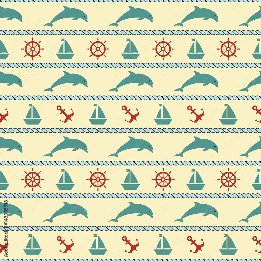 Maritime mood, Seamless nautical pattern with dolphin and seaworthy symbols