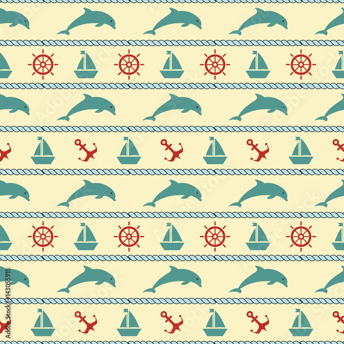 Maritime mood, Seamless nautical pattern with dolphin and seaworthy symbols