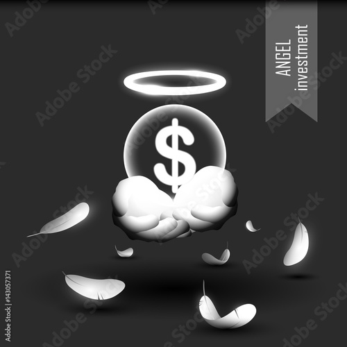 Angel investment business minimalist concept. Vector illustration of glowing in the dark outstretched hands giving dollar symbol to the viewer, nimbus, and feather symbolizing angel investors help.