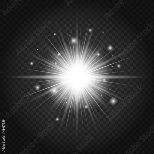 Sun with rays and glow on transparent black background. Starburst with magic sparkles on dark backdrop. Glow light effect. Vector illustration of abstract white flare ray light. 
