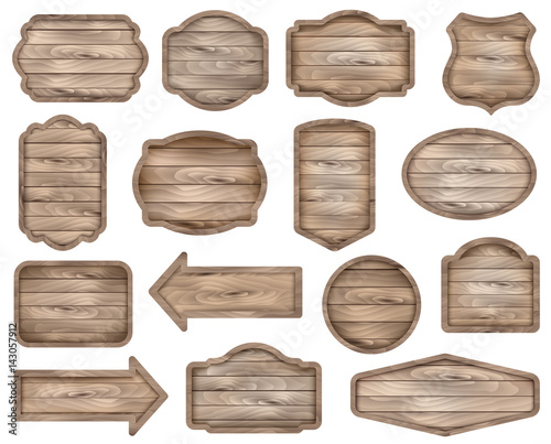 Wooden stickers, label collection. Set №8 of various shapes wooden sign boards for sale, price and discount banners, badges isolated on white background. Vector realistic illustration. 