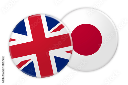 News Concept: UK Great Britain Flag Button On Japan Flag Button, 3d illustration on white background