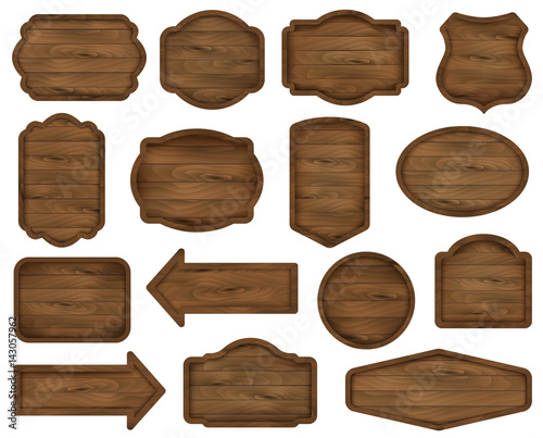 Fototapeta Naklejka Na Ścianę i Meble -  Wooden stickers, label collection. Set №7 of various shapes dark wooden sign boards for sale, price and discount banners, badges isolated on background. Vector realistic illustration. 