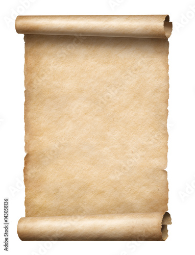 Old paper manusript scroll isolated on white vertically oriented