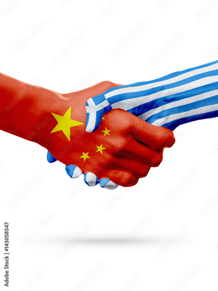Flags China, Greece countries, partnership friendship handshake concept. 3D illustration Flags China, Greece countries, partnership friendship handshake concept. 3D illustration