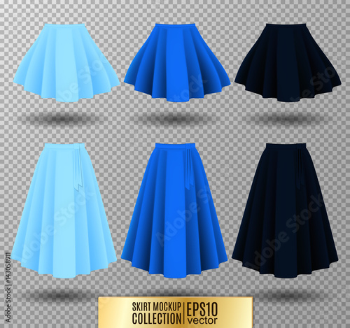 Vector illustration of different model skirt on transparent background. Skirt mockup.