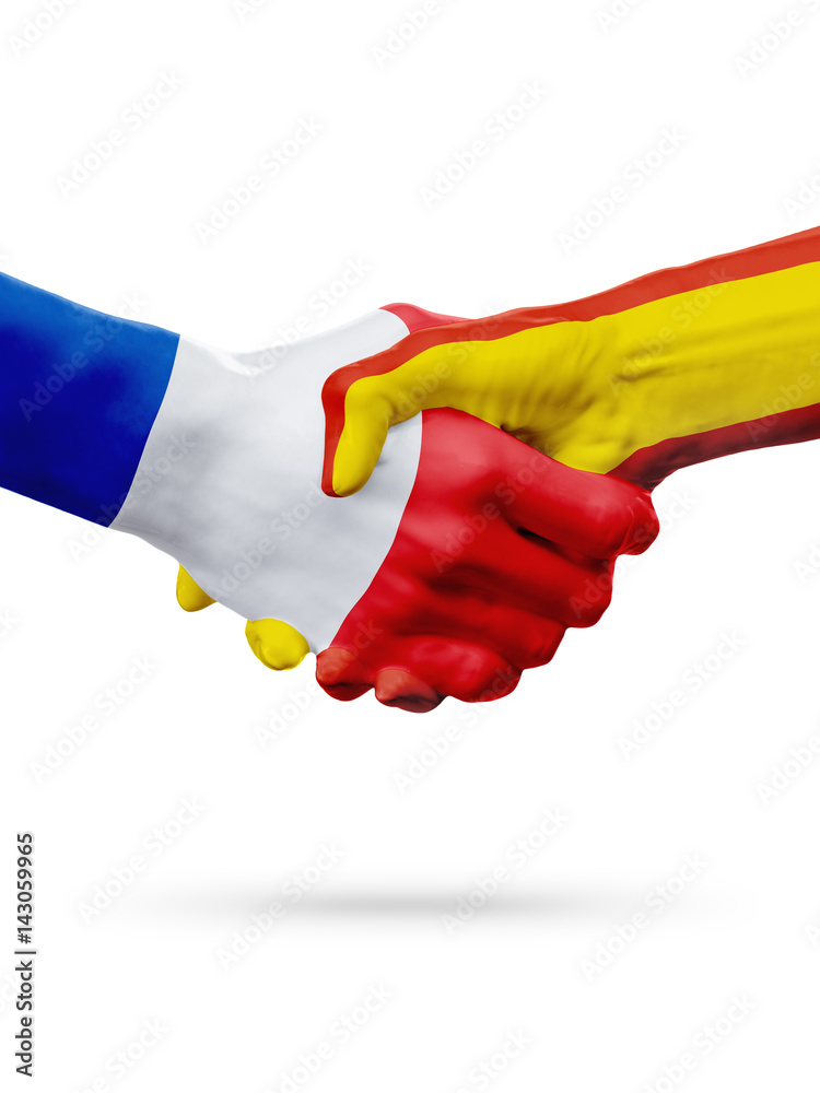 Flags France, Spain countries, partnership friendship handshake concept. Flags France, Spain countries, partnership friendship handshake concept.