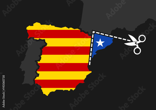 Catalonia vs Spain -  independence and sovereignty of Catalan nation. Autonomous territory is cutted out of map as metaphor of separation and disintegration