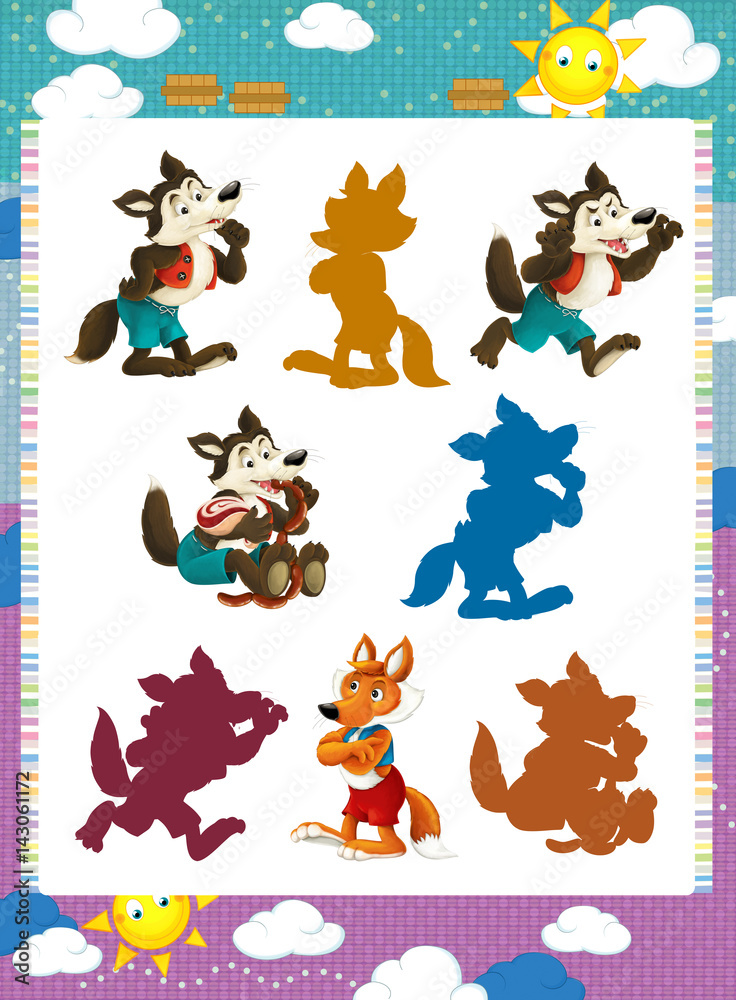 cartoon set of medieval animal characters fox and wolf - searching game with shadows