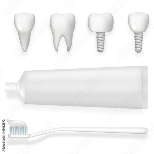 Tooth dental implant tube of toothpaste and toothbrush realistic 3d poster stomatology isolated icons set template mock up design vector illustration
