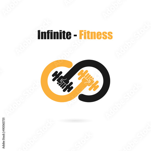 Infinite sign and dumbbell icon.Infinit,Fitness and gym logo.Healthcare,sport,medical and science symbol.Healthy lifestyle vector logo template.