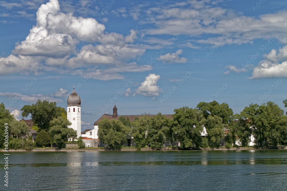 Lake Chiemsee, Germany - island with a hidden monastery behind the trees