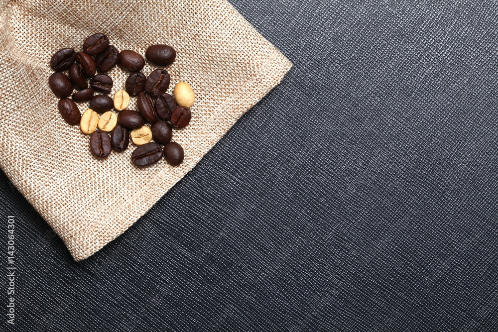 Coffee beans put on coffee sack or gunny sack brown color represent texture surface background.