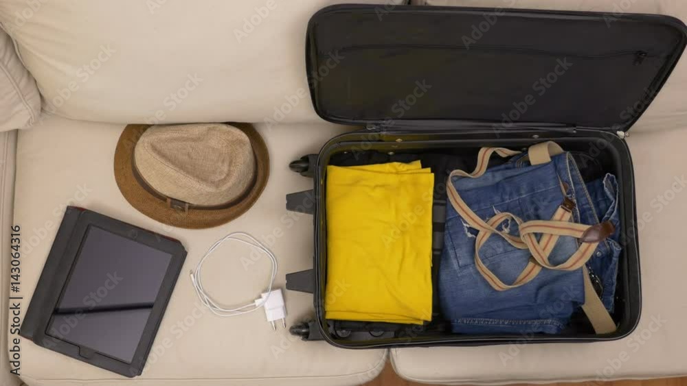 Top view of tourist man packing clothes and tablet pc into a suitcase Top view of tourist man packing clothes and tablet pc into a suitcase