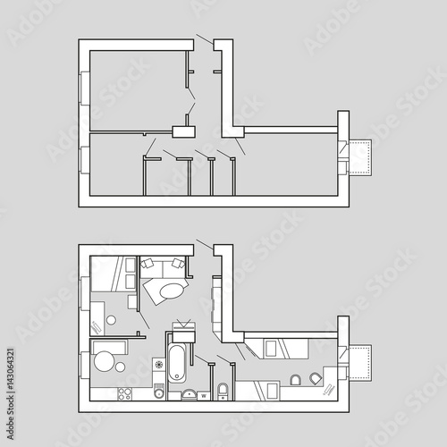 Plan apartments before and after redevelopment. Plan apartments before and after redevelopment with furniture.