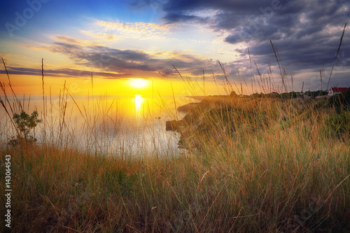 Dramatic sunset at cape Fiolent with bush and grass at foreground