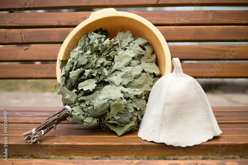 Russian bath, broom, basin and other accessories