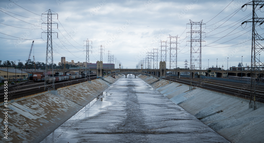 Los Angeles industrial, train tracks, bridge water river