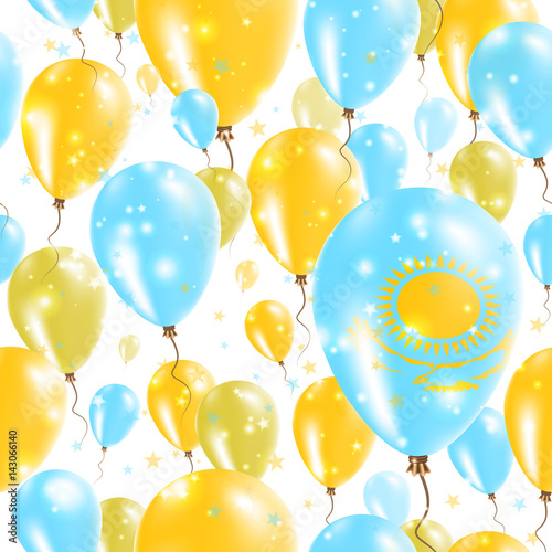 Kazakhstan Independence Day Seamless Pattern. Flying Rubber Balloons in Colors of the Kazakhstani Flag. Happy Kazakhstan Day Patriotic Card with Balloons, Stars and Sparkles.