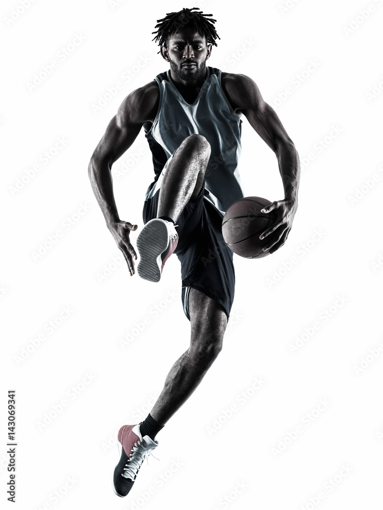 one afro-american african basketball player man isolated in silhouette shadow on white background one afro-american african basketball player man isolated in silhouette shadow on white background