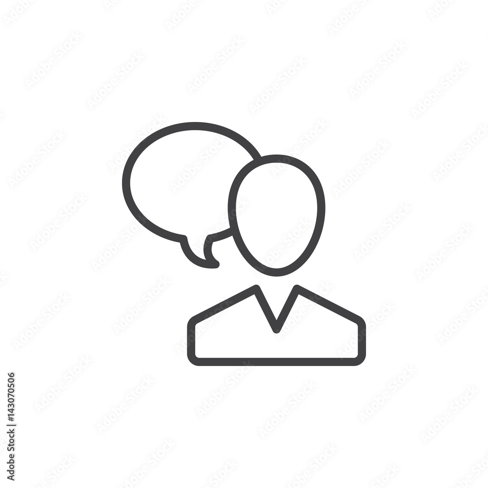 User and speech bubble, person talking line icon, outline vector sign, linear style pictogram isolated on white. Symbol, logo illustration. Editable stroke. Pixel perfect User and speech bubble, person talking line icon, outline vector sign, linear style pictogram isolated on white. Symbol, logo illustration. Editable stroke. Pixel perfect