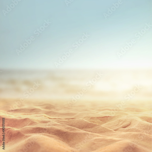 Fototapeta Naklejka Na Ścianę i Meble -  Sand beach tropical with blurred sea sky and sunny background, summer day, copy space or for product.