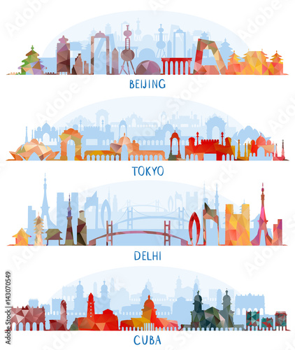 Skyline silhouette set (Beijing, Tokyo, New Delhi, Cuba)
