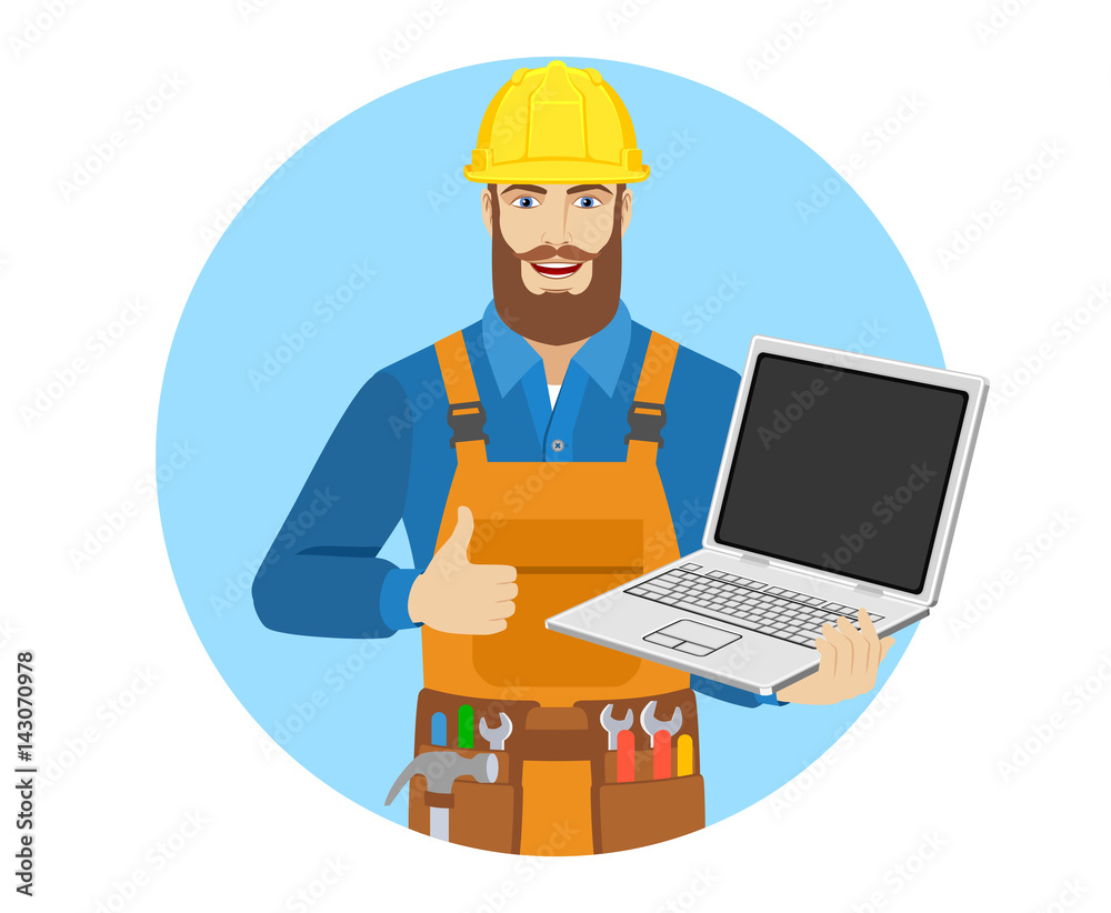 Worker with laptop notebook showing the thumb up Worker with laptop notebook showing the thumb up