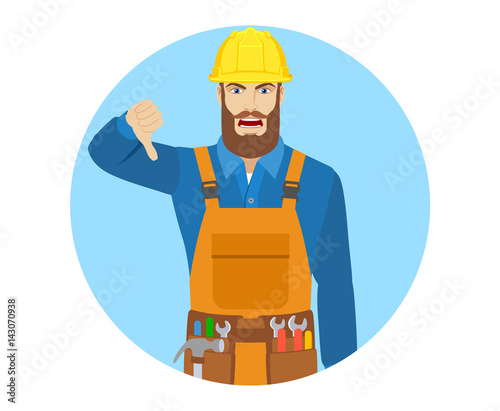 Worker showing thumb down gesture as rejection symbol