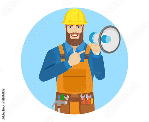 Worker pointing at the loudspeaker