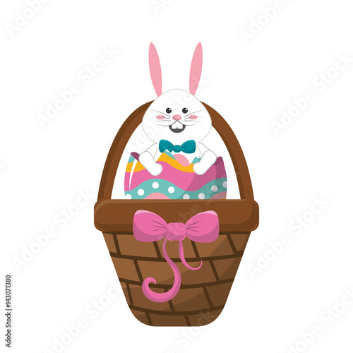 white rabbit inside egg and brown hamper