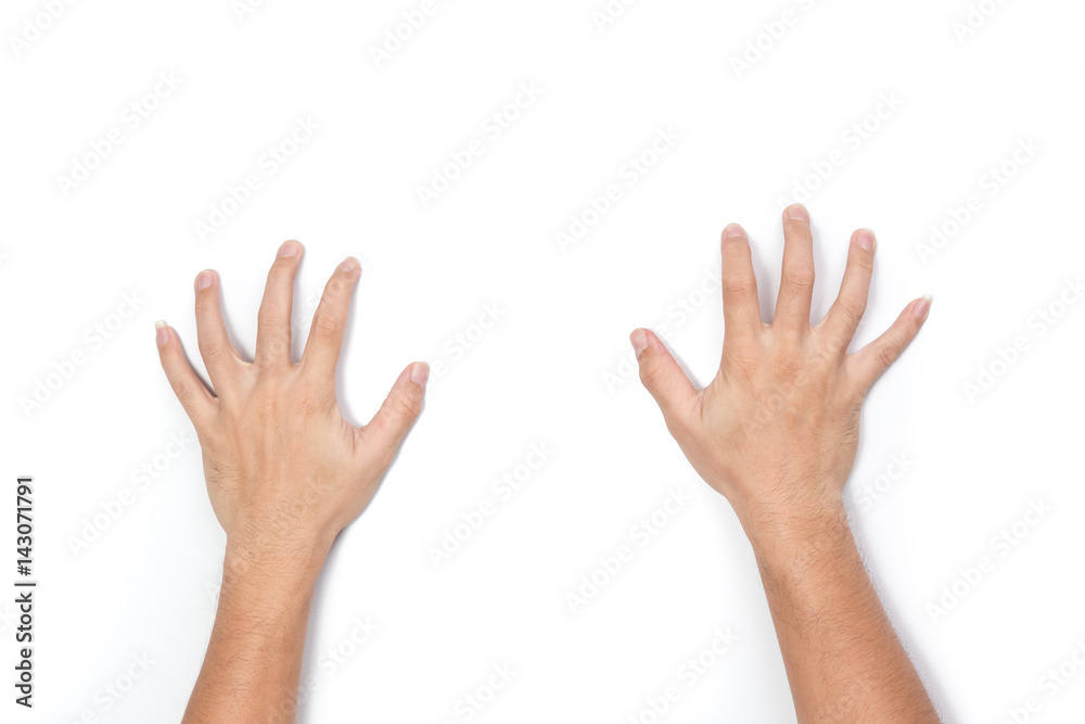 Male two hand rise scratch the wall isolated on white. Male two hand rise scratch the wall isolated on white.