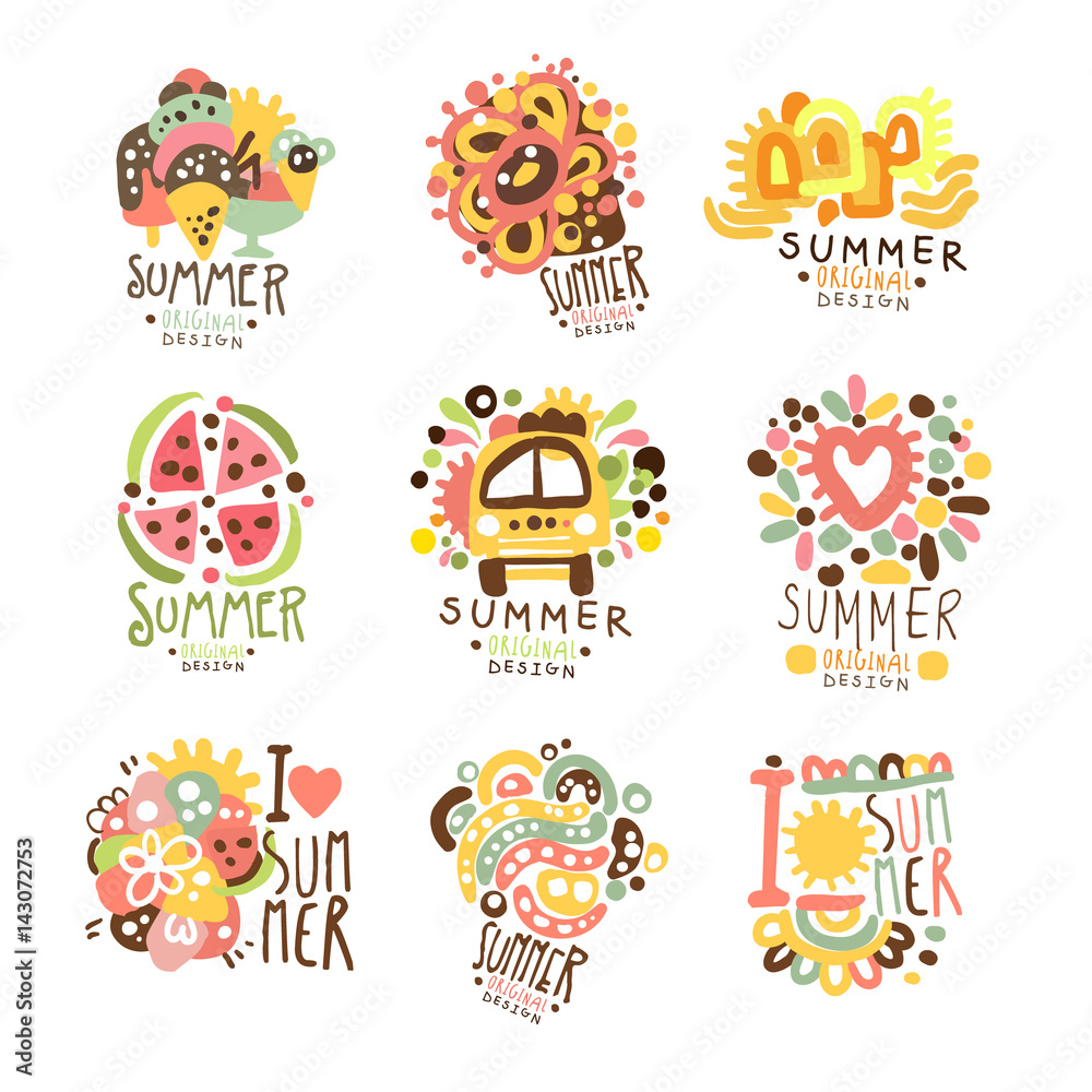 Summer holidays set for label design. Journey, adventure, beach, sea colorful vector Illustrations