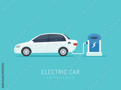 White electric modern car on charging station vector illustration in flat style