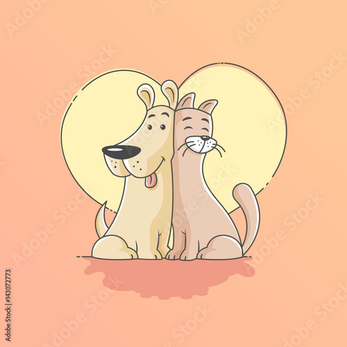 Happy dog and cat enjoying their life as best friends. Vector cartoon illustration.