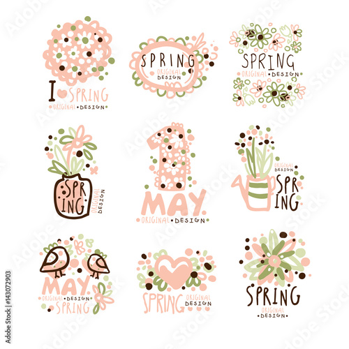 Spring, 1 May set for label design. Spring holidays, First May, International labor day vector Illustrations