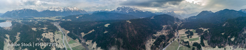 Panorama of a alpine landscape in spring shot with a drone in Bavaria