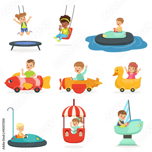 Children ride on attractions in the amusement park, set for label design. Cartoon detailed colorful Illustrations