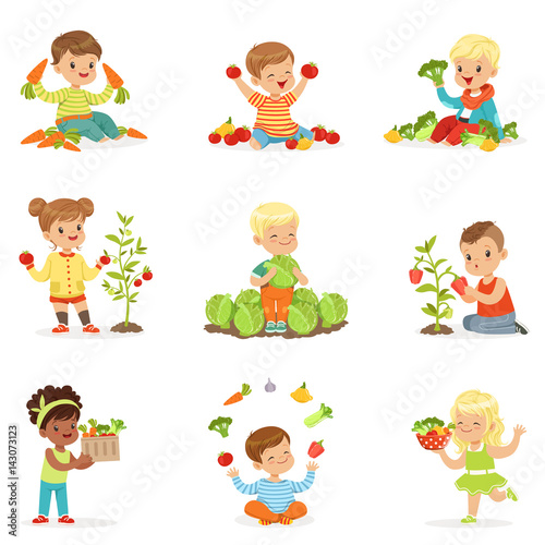 Little children having fun and playing with vegetables  set for label design. Cartoon detailed colorful Illustrations