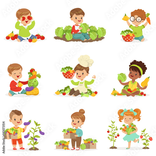 Cute little children playing, gathering and preparing vegetables, set for label design. Cartoon detailed colorful Illustrations