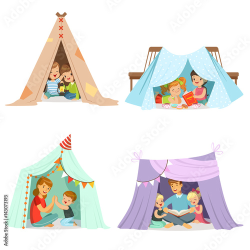 Cute little children playing with a teepee tent, set for label design. Cartoon detailed colorful Illustrations