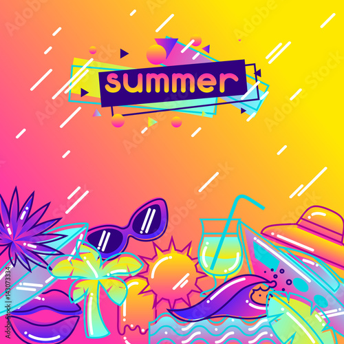 Background with stylized summer objects. Abstract illustration in vibrant color