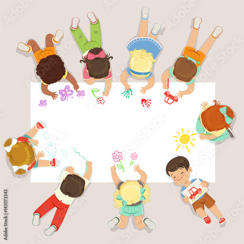 Cute litttle kids lying and drawing on big paper. Cartoon detailed colorful Illustration