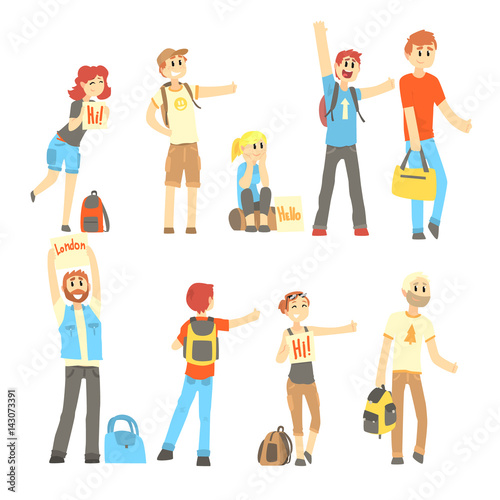 Hitchhiker standing with backpack and bag, set for label design. Cartoon detailed colorful Illustrations
