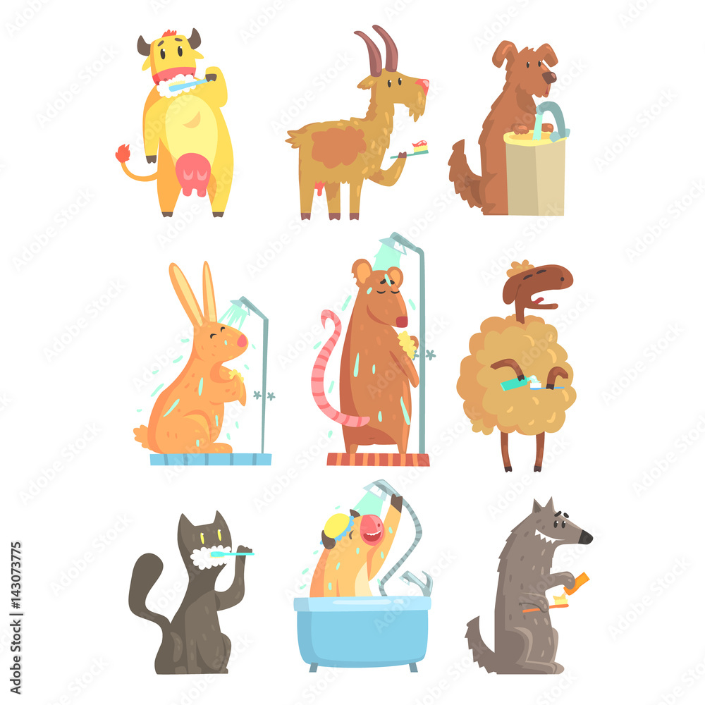 Naklejka premium Funny animals taking a shower and washing, set for label design. Hygiene and care cartoon detailed Illustrations