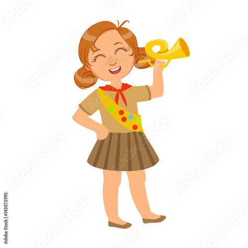 Little scout girl dressed in uniform and holding trumpet, a colorful character