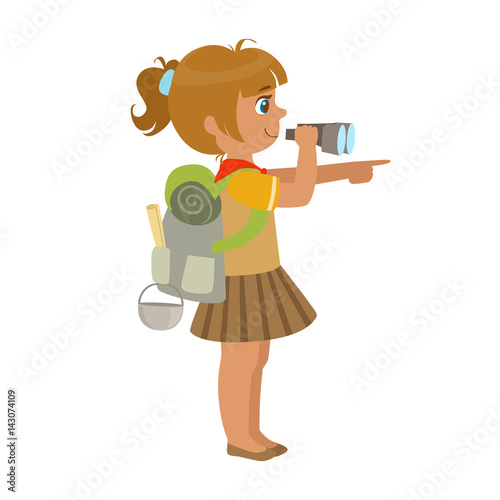 Girl scout carrying a backpack and looking through binoculars, side view, a colorful character