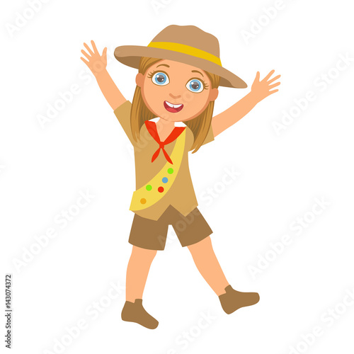 Happy scout girl raising her arms up, a colorful character