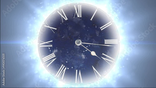 Space and time. Fast moving clock with lots of particles photo