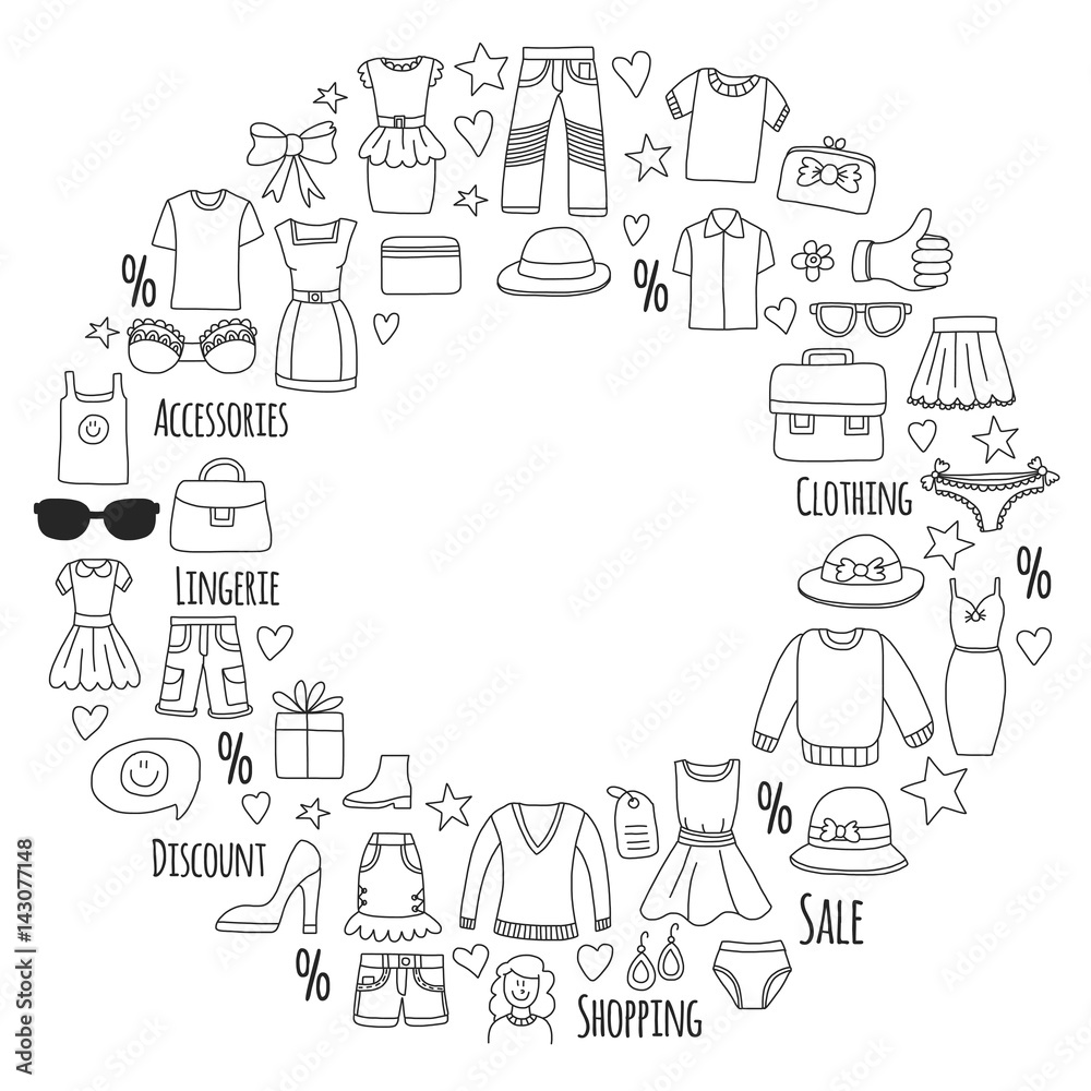 Fototapeta premium Sale Shopping Market Internet shop Discount Vector set of doodle icons for sale